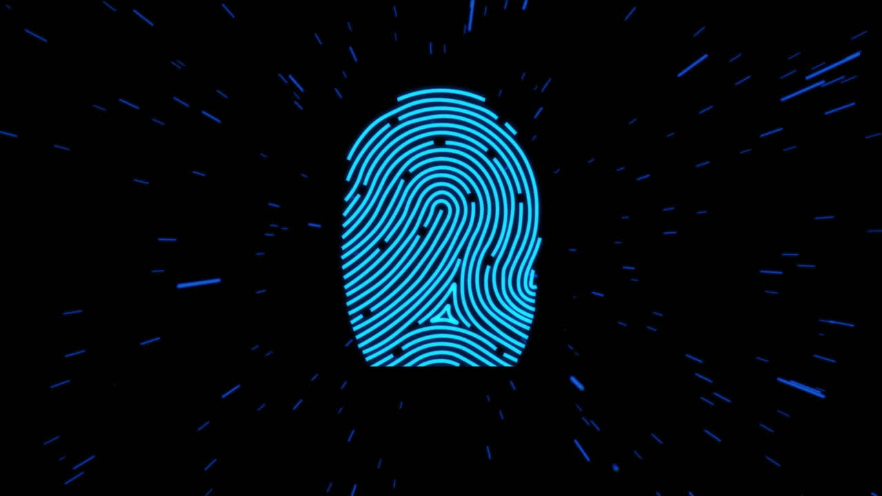 анимация обработки данных и биометрических отпечатков пальцев на темном фоне