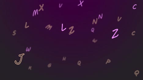 digital animation of multiple alphabets floating and moving against purple background