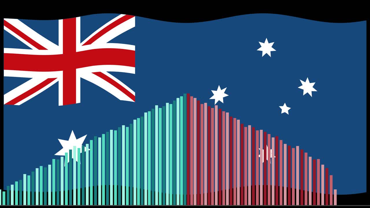 Colorful bar graph rises and falls smoothly over waving Australian flag, with dynamic, seamless transitions