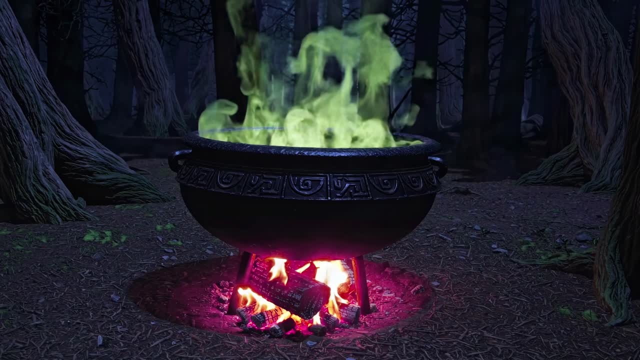 A mystical cauldron with green smoke in a dark forest, shot from a low angle
