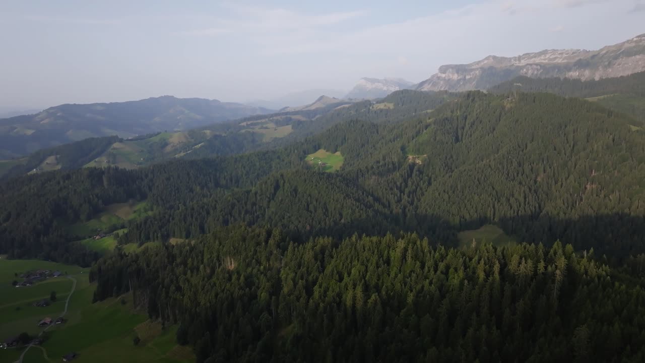 Wide aerial shot of a vast forested mountain landscape with valleys and clear blue sky. Represents nature, wilderness, conservation, and the beauty of untouched environments