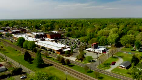 Drone-Orbit-Left-of-Small-Town-USA-Downtown-Mebane-North-Carolina-in-the-summer