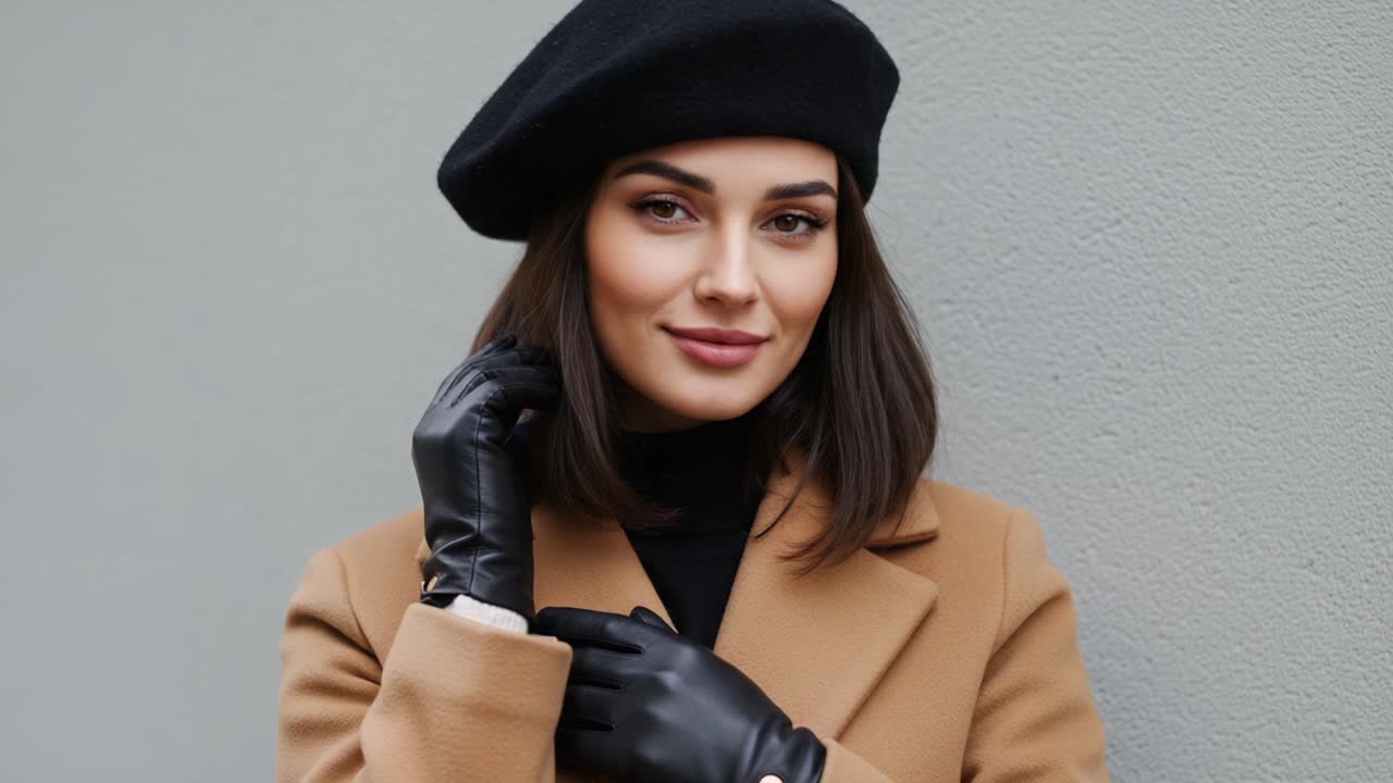 Chic and Stylish Portrait of a Young Woman in a Classic Beret and Elegant Gloves, Capturing Modern Fashion Trends in an Urban Setting