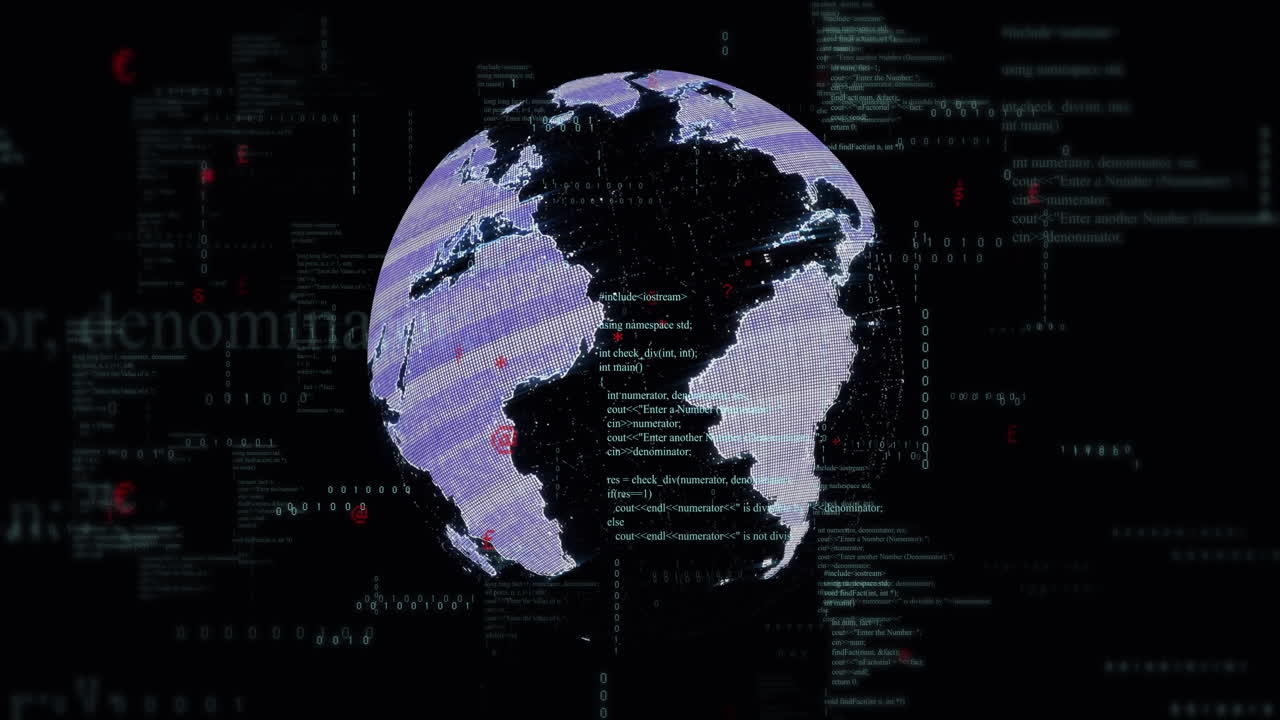 Animation of globe over data processing on black background