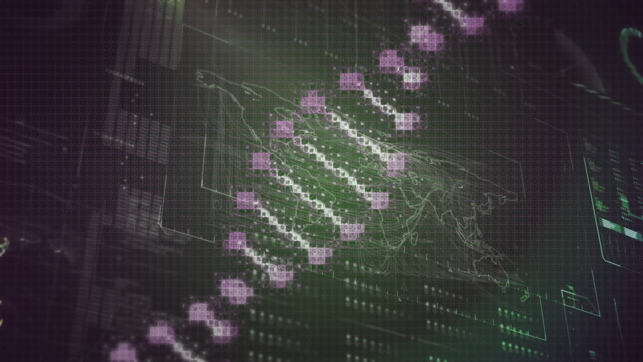Animation of dna helix over globe, loading bars, radar and map against abstract background