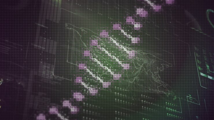 Animation of dna helix over globe, loading bars, radar and map against abstract background