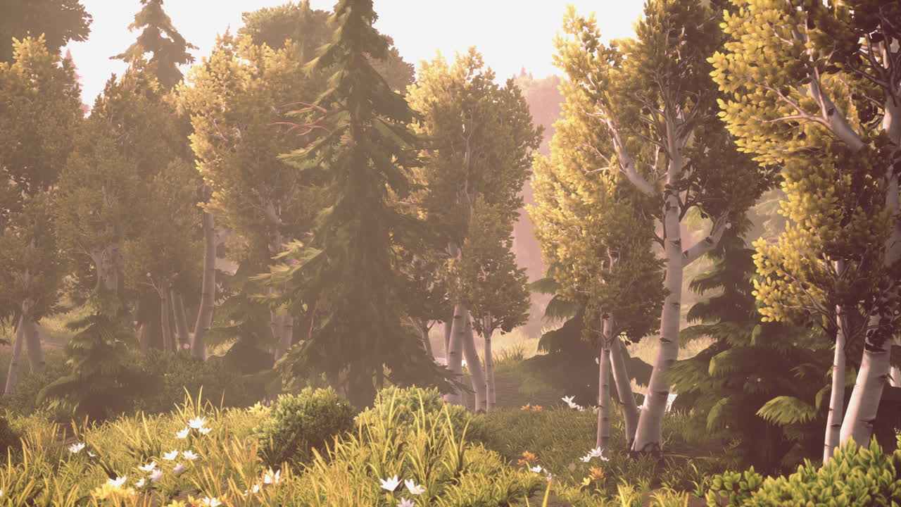 안개가 많은 아침에 만화의 해가 뜨는 것