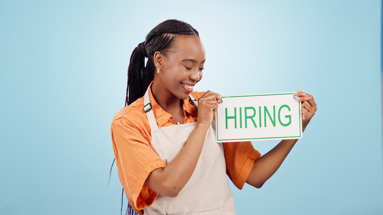 Hiring, sign and woman with recruitment offer