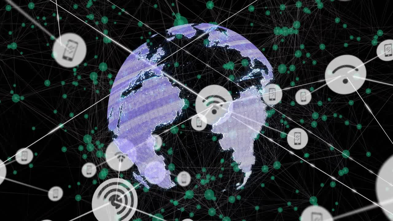 검은색 배경에 연결된 점에 대해 회전하는 지구상에서 연결된 아이콘의 애니메이션