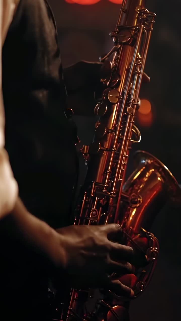 Muž hrající na saxofon v tlumeně osvětleném jazzovém klubu