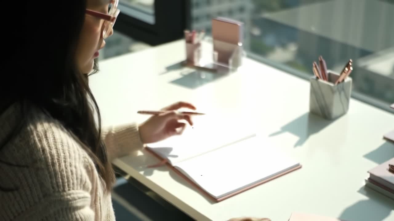 A Creative Workspace: An Individual Engaged in Writing at a Cozy Desk Overlooking a City, Surrounded by Stylish Stationery and Natural Light