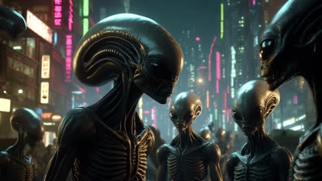alienígenas grises en una ciudad nocturna futurista