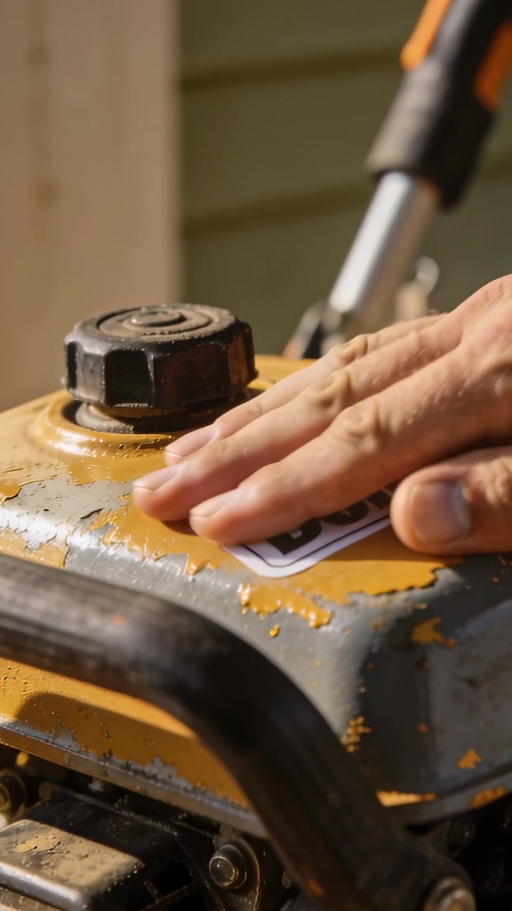 Vertical video: Hand bringing placing Done sticker onto yellow tank at porch near cap marking done