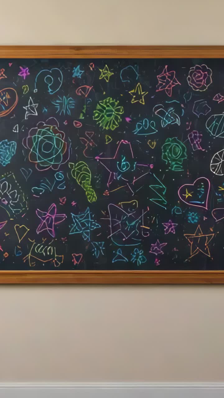 Vertical video: Animating chalkboard showing evolving neon doodles on beige wall, pattern shift