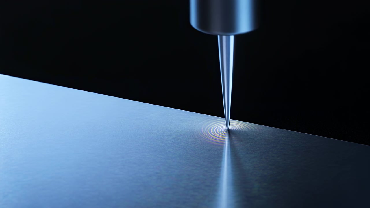 Primo piano di una punta metallica affilata sospesa sopra una superficie blu lucida con sfondo scuro, un riflesso verticale e una sottile riflessione speculare.