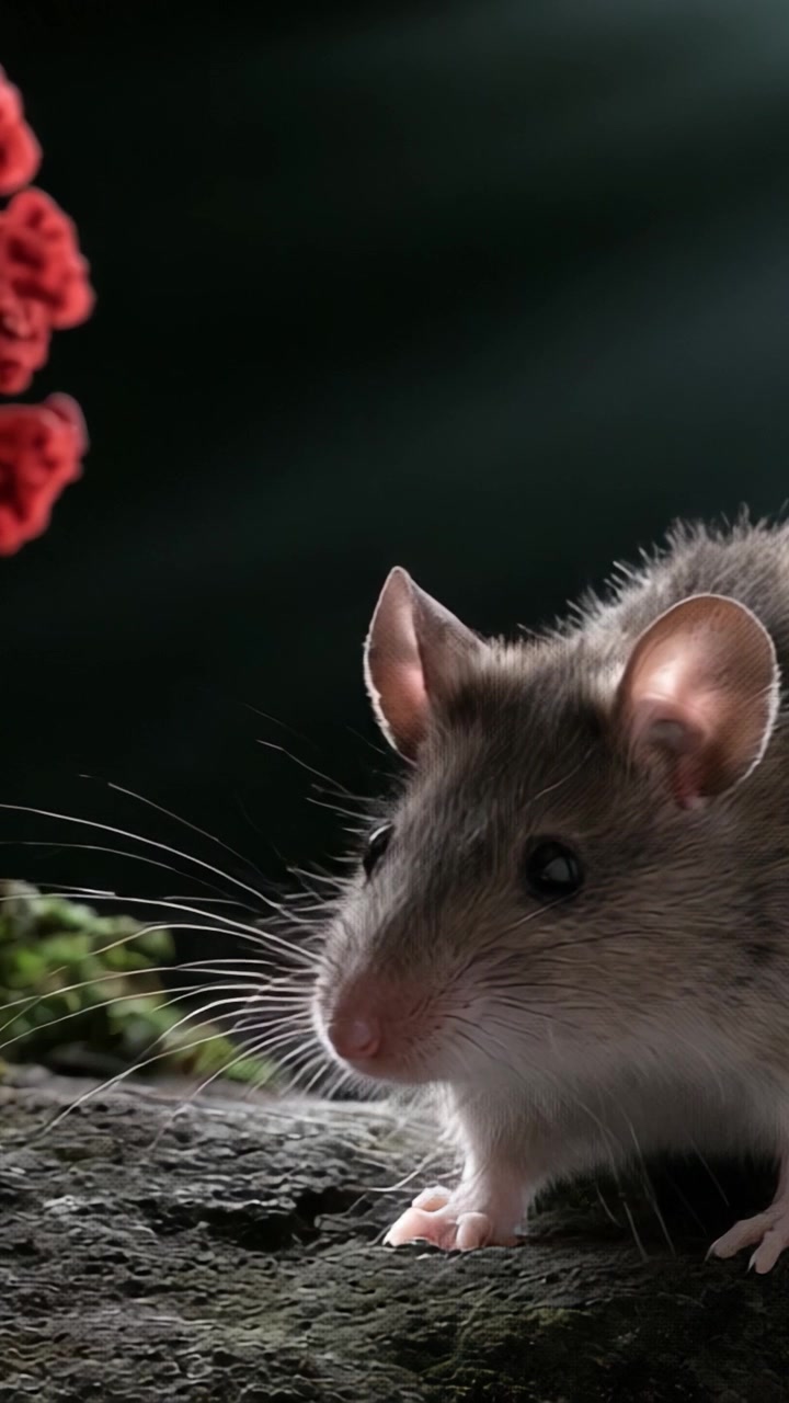 Un bellissimo topo grigio vicino a un fiore rosso su uno sfondo scuro e drammatico, catturato in due fotogrammi distinti, che mostra la sua curiosità e il suo movimento.