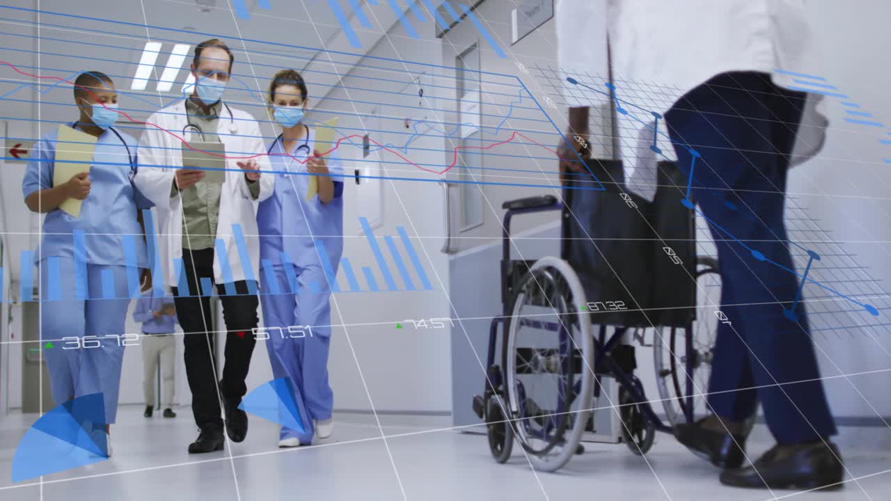 Doctor pointing tablet initiating data overlays in hospital, nurses with wheelchair analyzing data