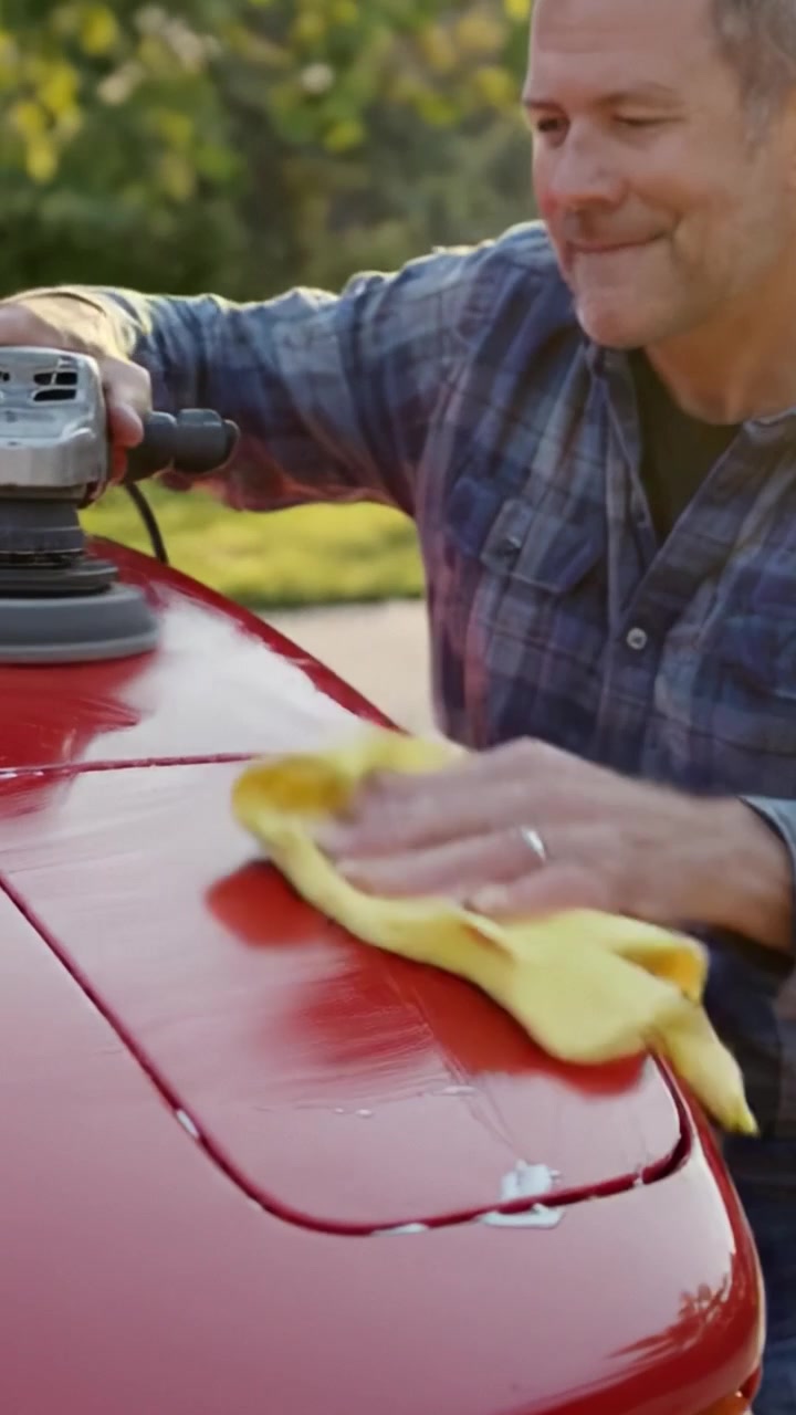 A Focused Car Care Routine: Detailing a Red Vehicle's Surface with Precision Polishing for a Flawless Shine and Perfect Finish