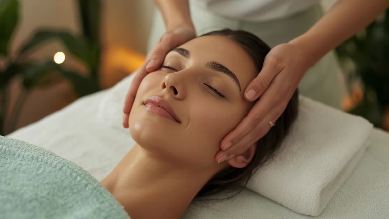 Placing hands therapist in light top giving facial massage at spa table relaxing client with pillow