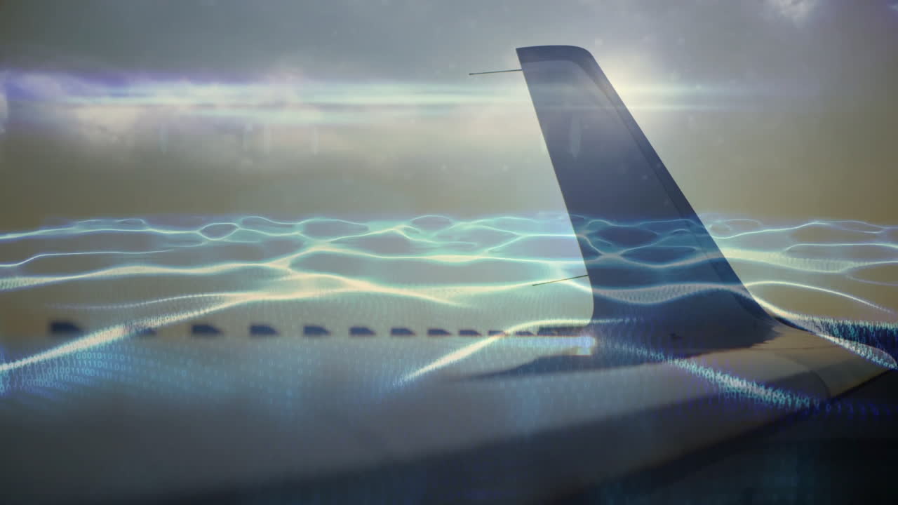 Digital wave animation overlaying airplane wing with sky background in motion