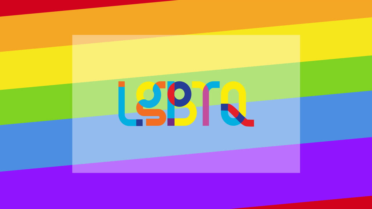 animación de texto lgbtq con corazón sobre rayas del arco iris