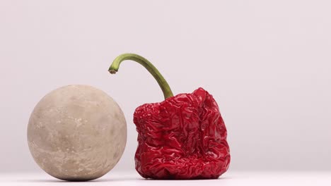 piedra redonda texturizada que se asemeja a la luna girando alrededor de un pimiento rojo seco y vibrante con tallo verde y