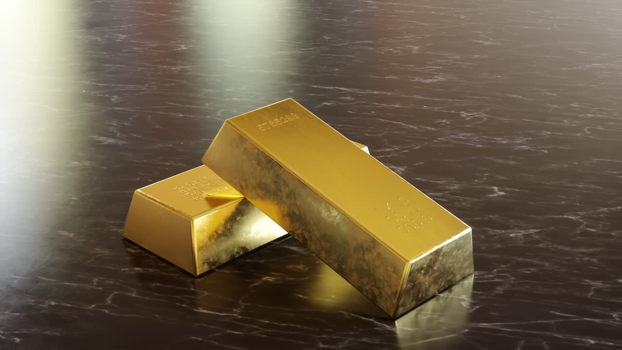 Gold bars on a shiny surface 3d render video