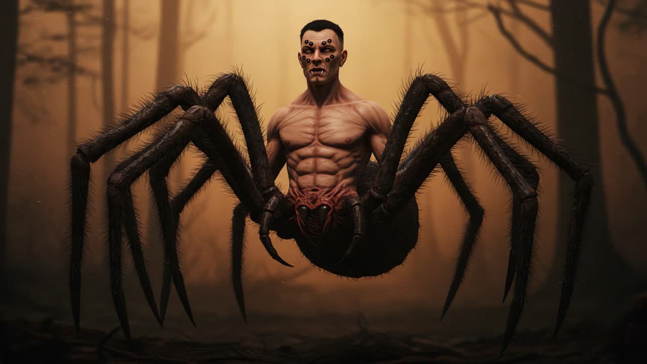 A surreal and captivating transformation of a muscular human figure merging with an enormous spider, blending strength and fear in a shadowy forest setting