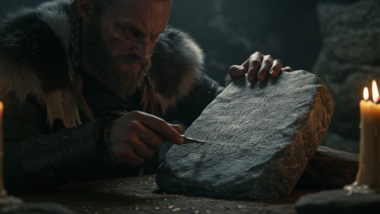 A Focused Warrior Inscribes Ancient Runes on a Stone Tablet by Candlelight, Capturing the Essence of Medieval Lore and Craftsmanship