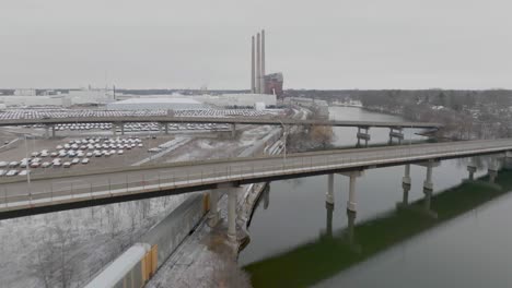 aerial footage of gm plan and train in and up