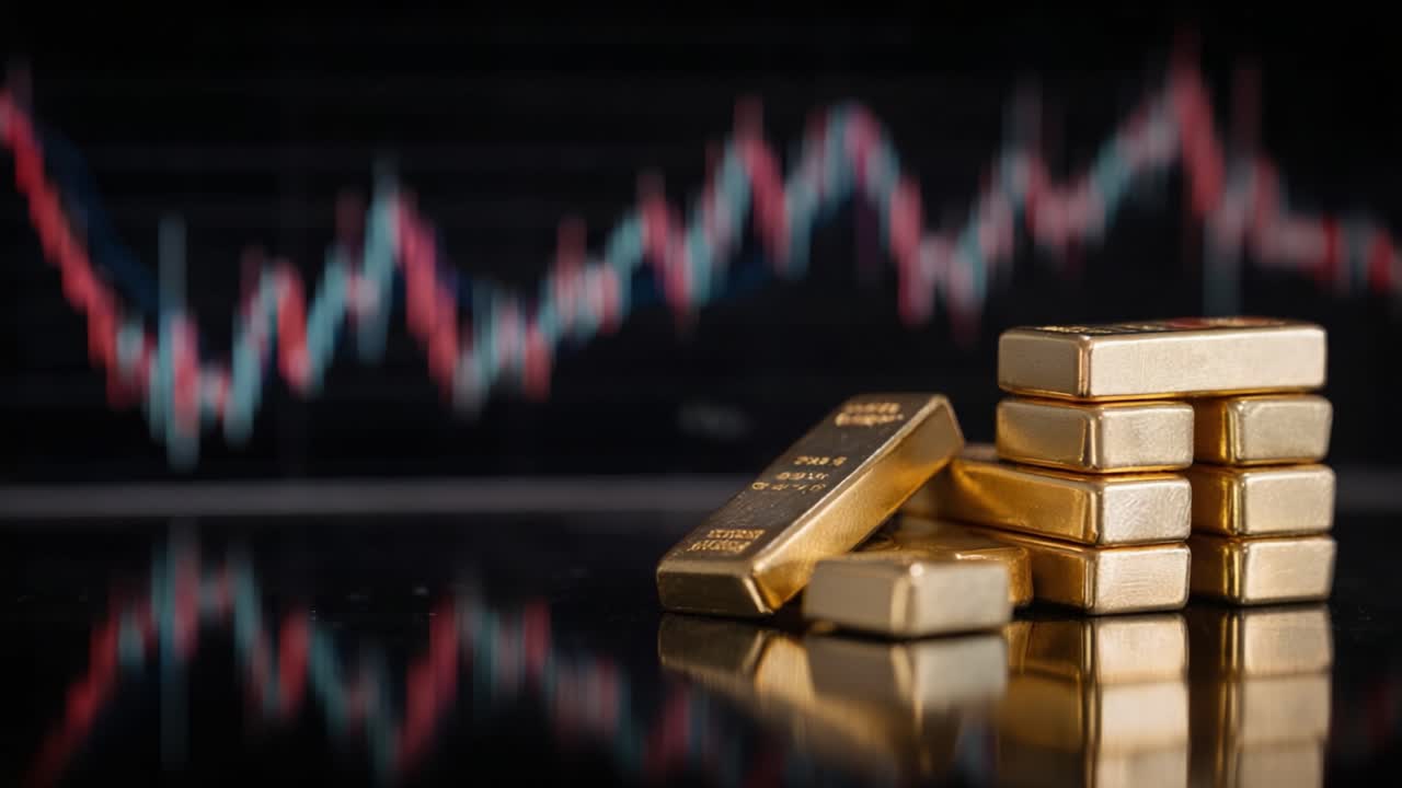 Visual Representation of Gold Bars Reflecting Economic Trends: A Close-Up of Precious Metals Against a Backdrop of Charted Financial Data