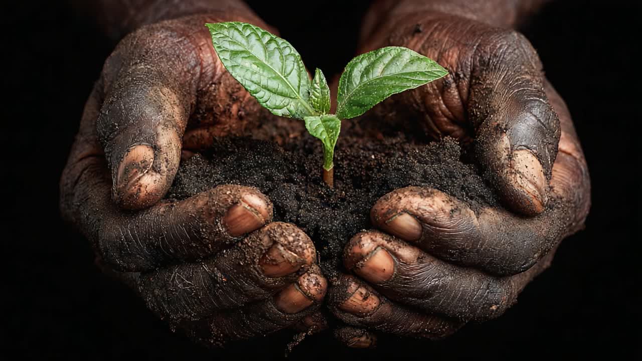 Cultivating Hope: A Close-Up of Nurturing Hands Holding a Freshly Planted Seedling Symbolizing Growth, Renewal, and Environmental Stewardship in a Warm Embrace of Earth