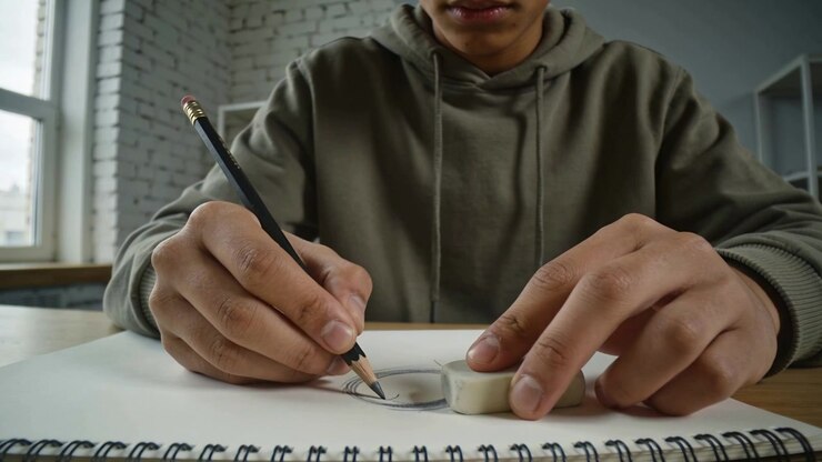 Placing eraser, man in olive hoodie drawing circles on sketchbook at desk using pencil refining