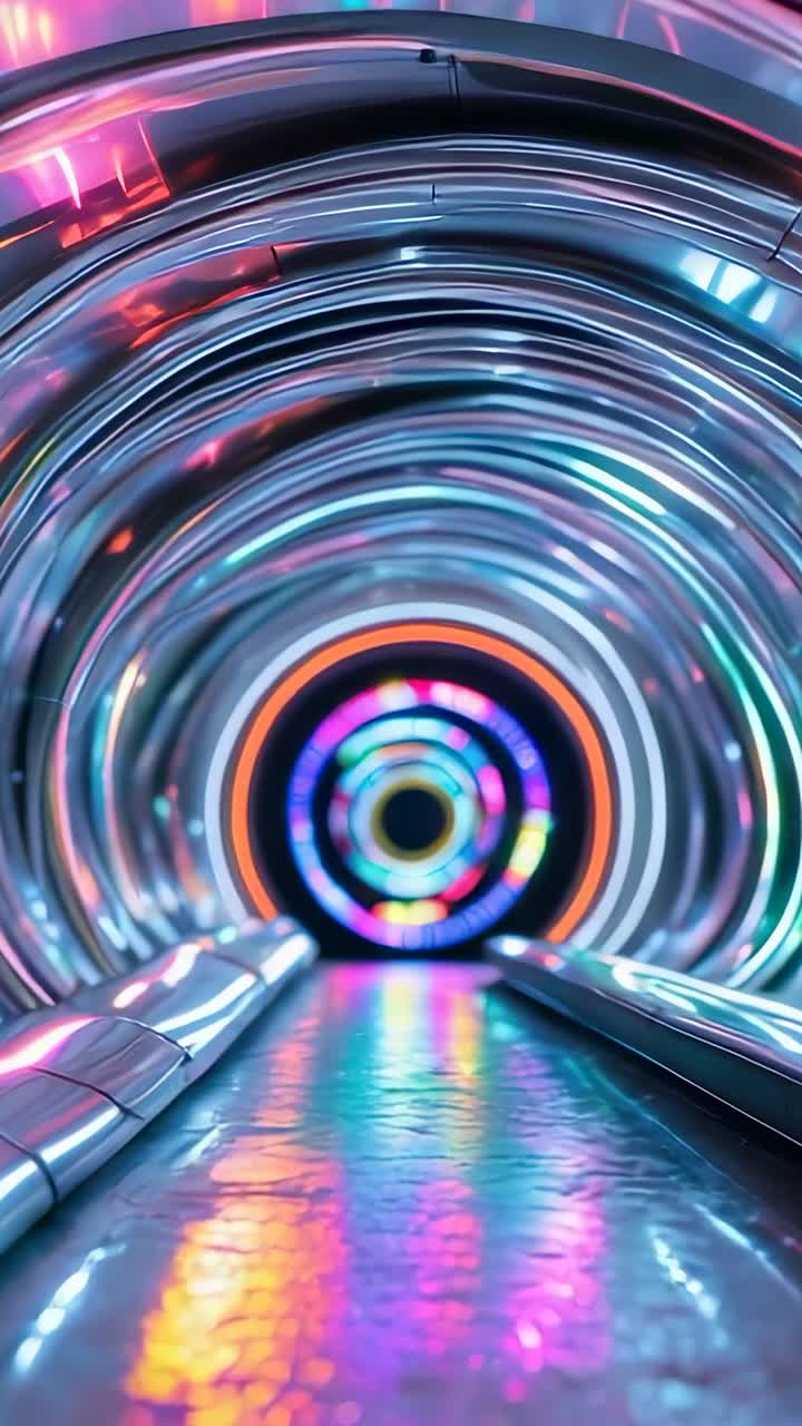 Vertical video: Camera gliding through neon-lit tunnel when sequence starts to reveal LED rings
