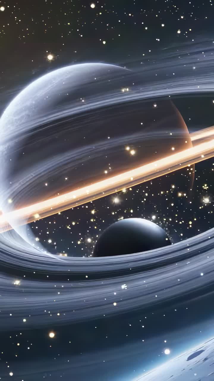 Vertical video: Zooming camera to ringed gas giant, drifting moon in space revealing glinting rings