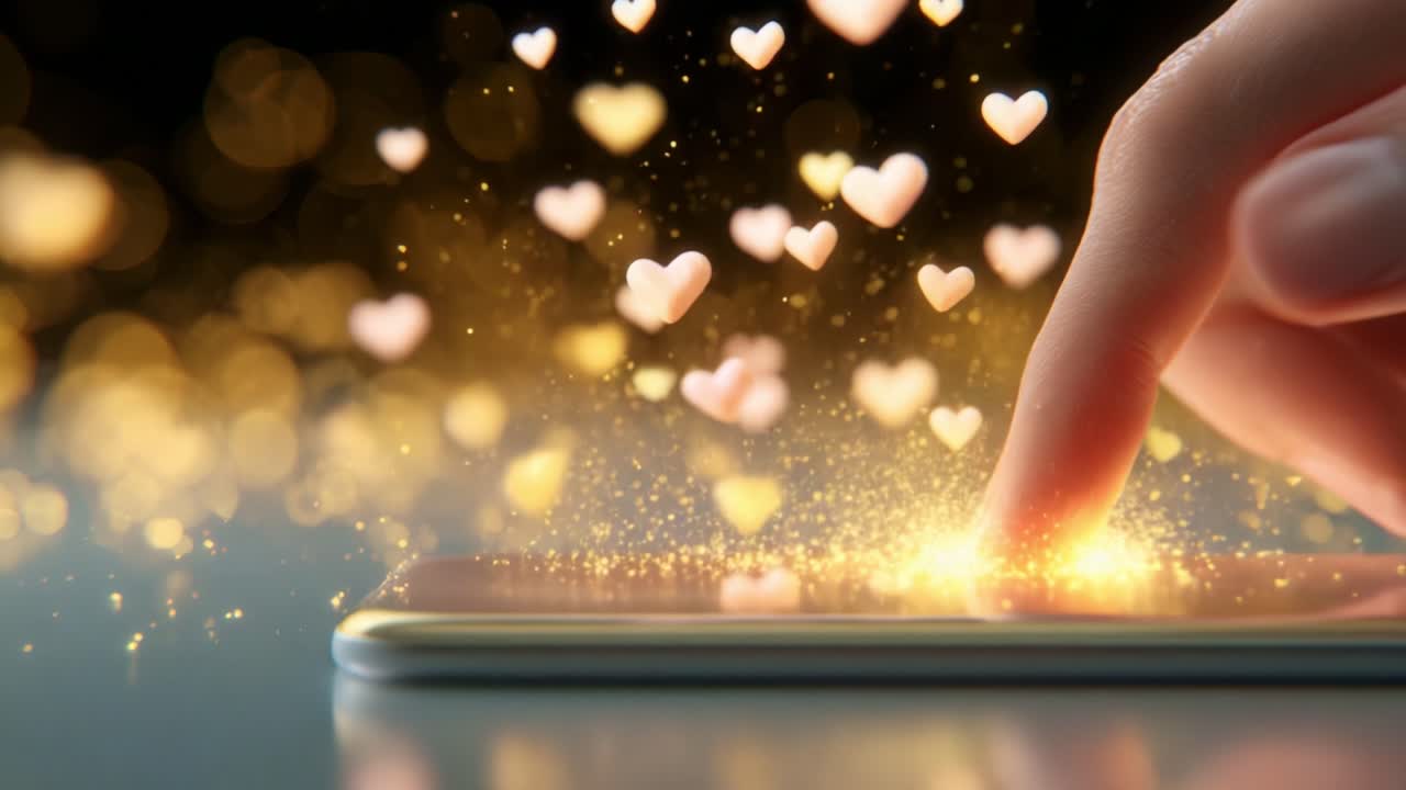 A close-up of a finger gently tapping a smartphone screen, surrounded by a magical aura of glowing golden particles and floating hearts, symbolizing love and connection in the digital age