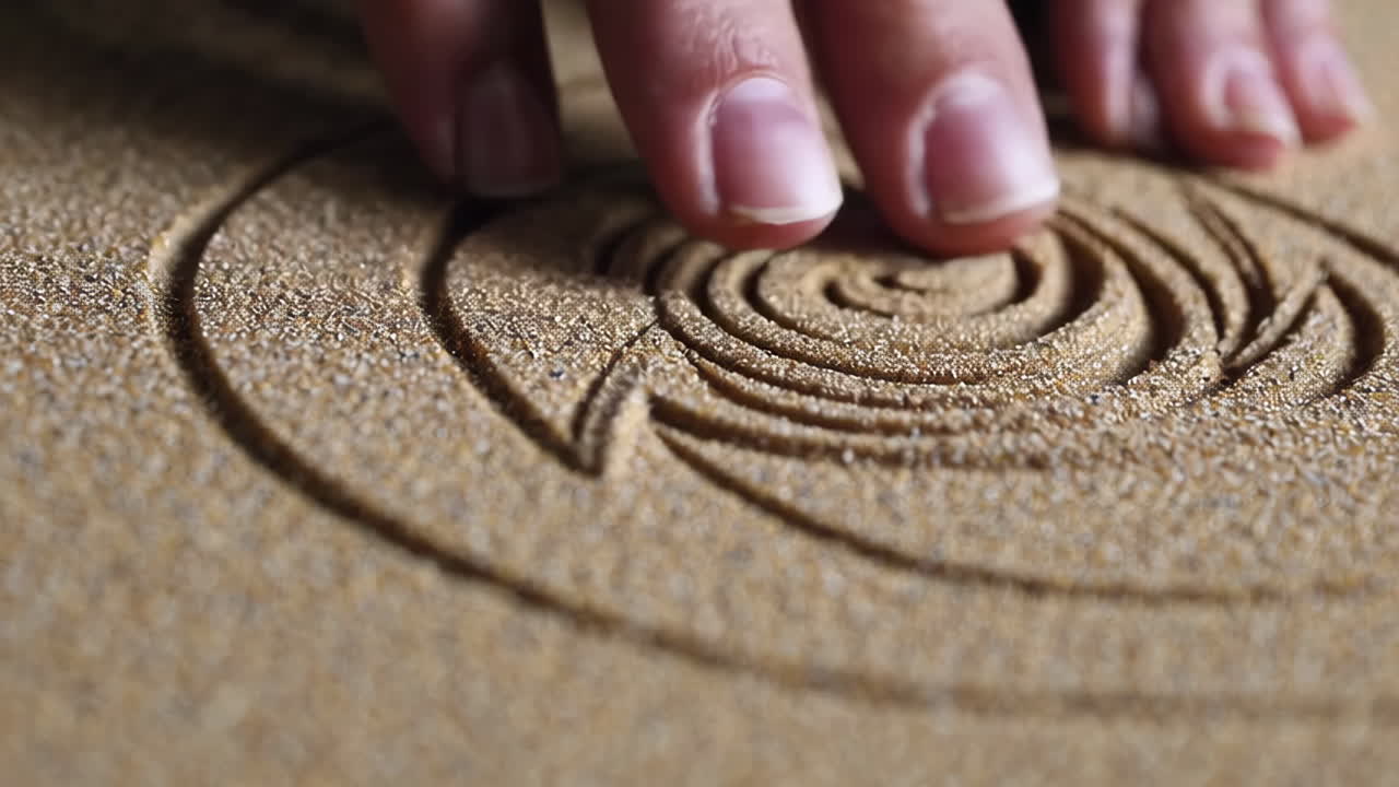 Hand Creating a Spiral Design in Sand