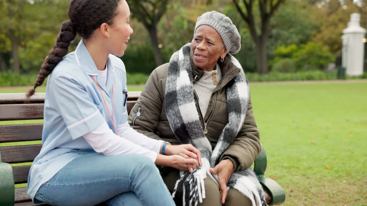 Nurse, happy and relax with old woman on park