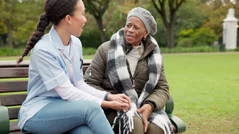 nurse, happy and relax with old woman on park