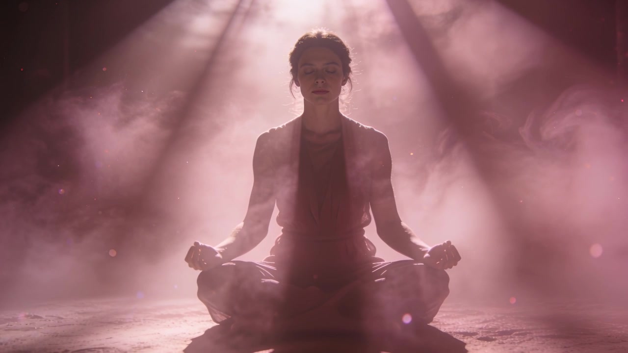 Donna seduta in abiti da yoga che respira in studio, con fasci di luce che scendono e nebbia e polvere che turbinano.
