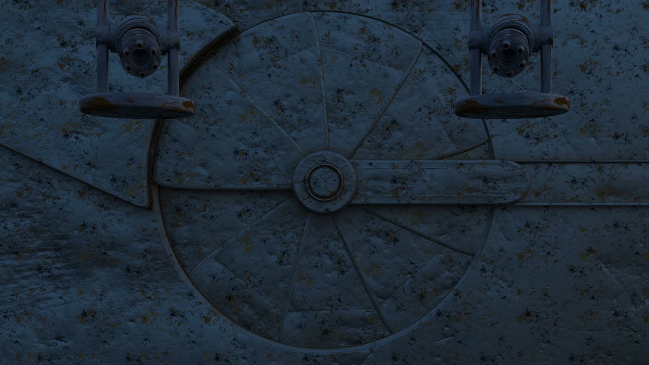 철의 녹은 게이트웨이를 닫는 3d 애니메이션, 오토 타 (가틀링 기관총) 과 사격, 사이버 보안 시스템 작업 과정, 알파 채널과 함께 미래 기술 추상화.