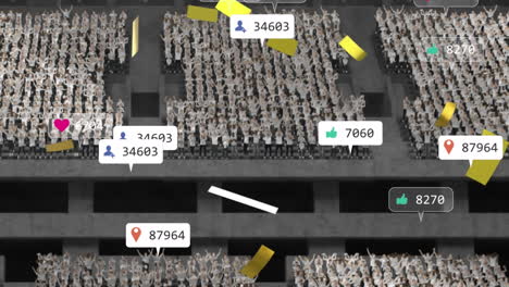animación de múltiples iconos de medios y confeti dorado cayendo contra las gradas en el estadio deportivo