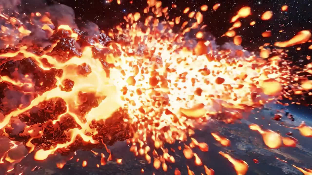 Un evento cosmico drammatico: un asteroide infuocato che si tuffa nello spazio, lasciando una scia di fiamme e distruzione sopra l'atmosfera terrestre in uno straordinario spettacolo visivo.