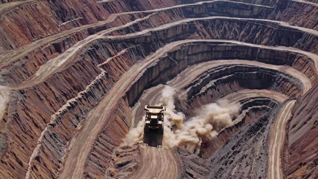 Aerial video shot of a massive open-pit mine, capturing a large truck ascending dusty terraced