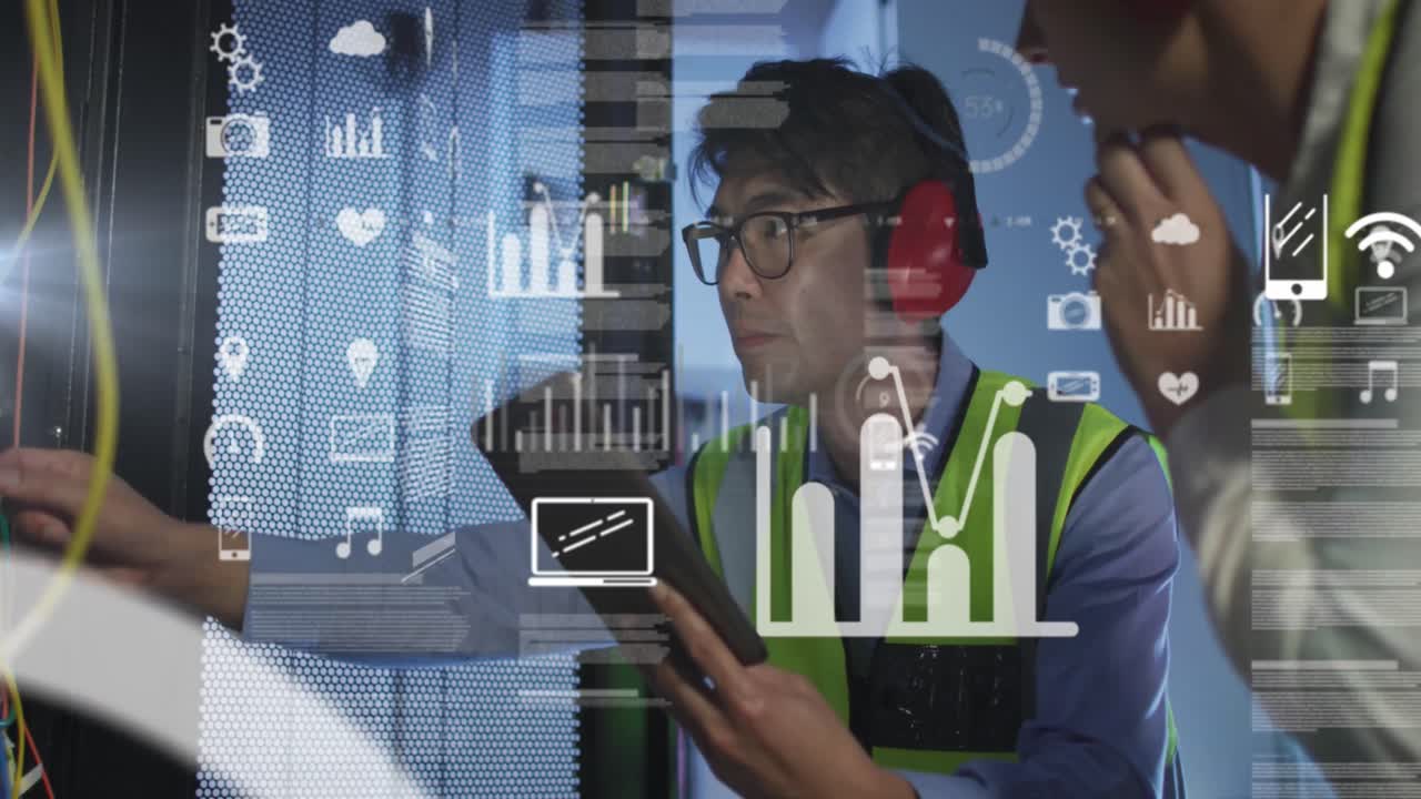 Animation of data processing over diverse male and female engineer working together at server room