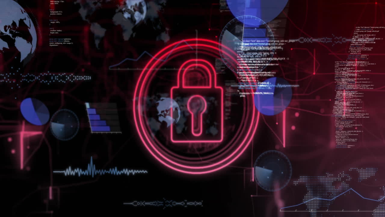 animación de candado en círculos, gráficos, globos y lenguaje informático sobre fondo negro