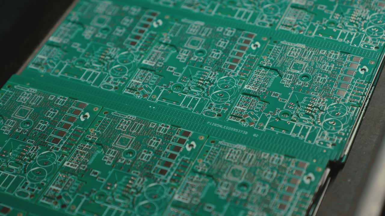 Slow motion close-up of green circuit boards, modern technology focus