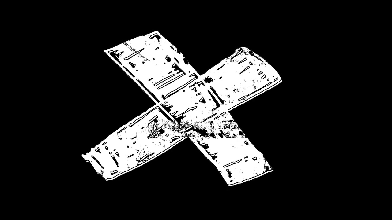 Segno X bianco animato e distorto con effetto glitch su sfondo nero