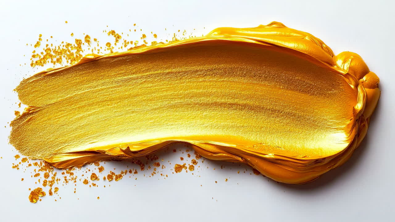 Golden paint adds lovely texture. Swirling rich golden paint on a white surface showcases vibrant color and dynamic texture, perfect for art projects
