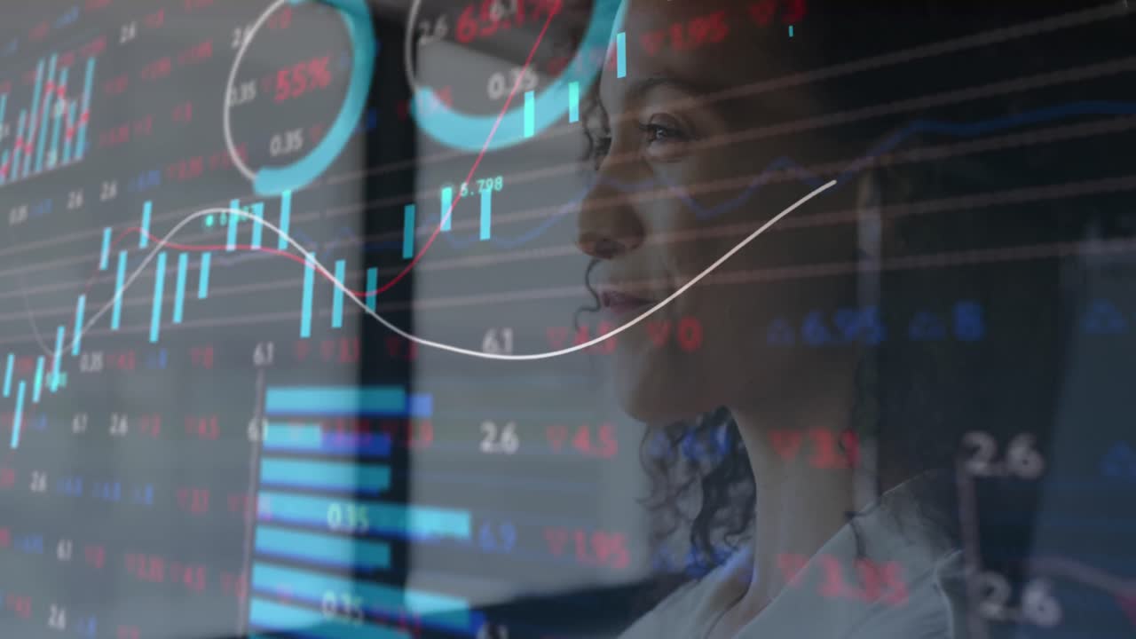 Animation of data processing over thoughtful biracial woman looking out of window smiling at office